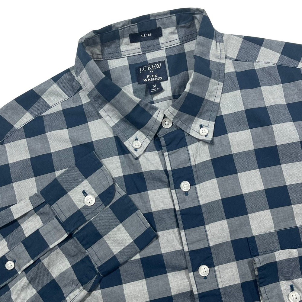 J.Crew Flex Washed Shirt Mens Medium Navy Grey Gingham Slim Fit Button Down
